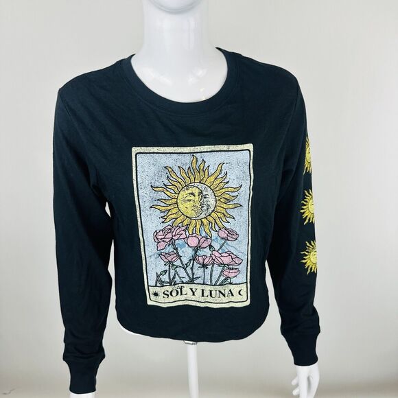 New Love Tribe Juniors Sz Small T-Shirt Sol Y La Luna Long Sleeve Black NWT - Picture 4 of 7